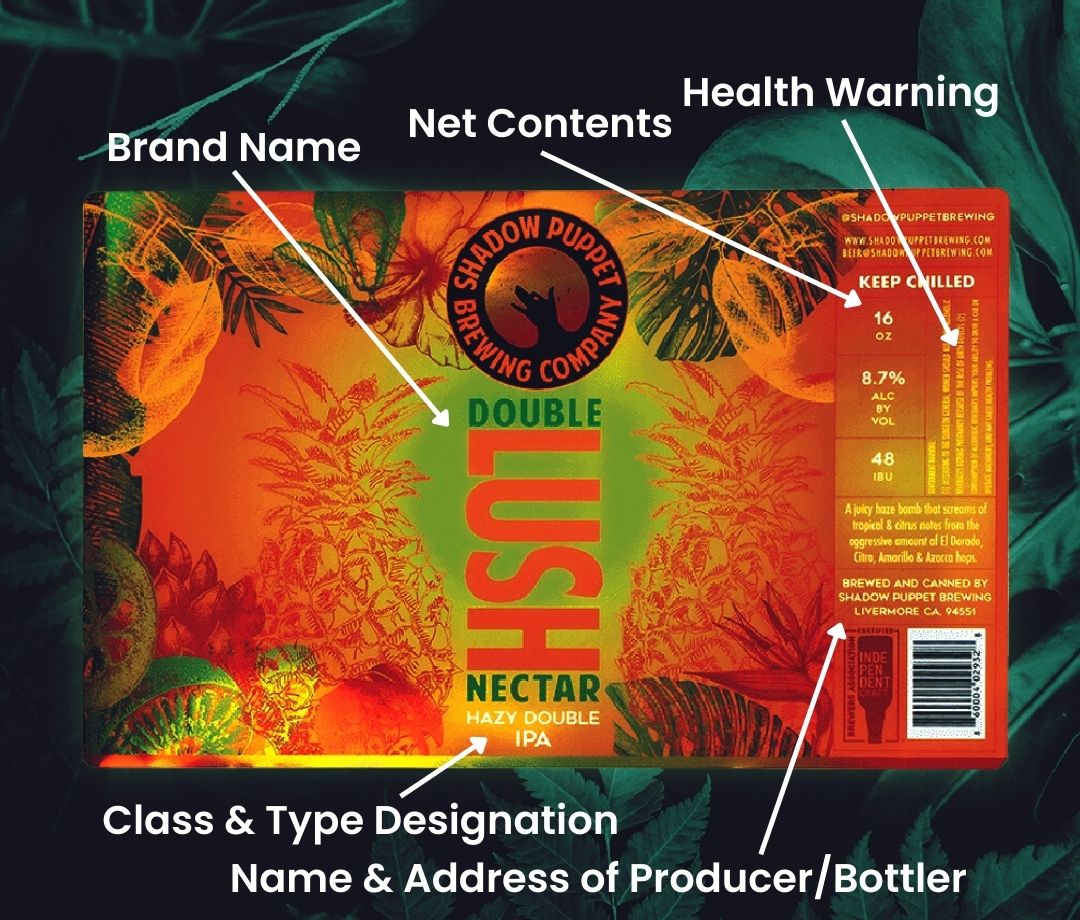 The beer labeling requirements for all beer labels demonstrated on a diagram of a beer label printed by BR Printers.