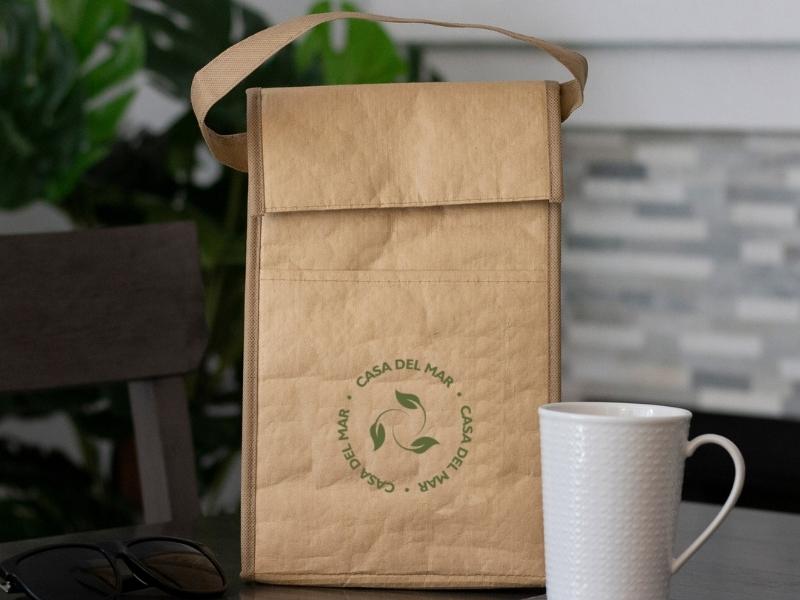 A sustainable corporate gift idea from BR Printers, a supplier of promotional products and custom apparel, is this sustainable reusable brown paper bag.