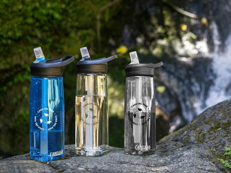 A sustainable corporate gift idea from BR Printers, a supplier of promotional products and custom apparel, are these water bottles made of recycled plastic.
