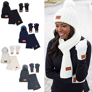 Holiday gift beanies, beanie, scarf, and gloves kit of promotional product for employees, clients, and prospects.
