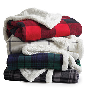 Holiday gift blankets, flannel sherpa blanket promotional product for employees, clients, and prospects.
